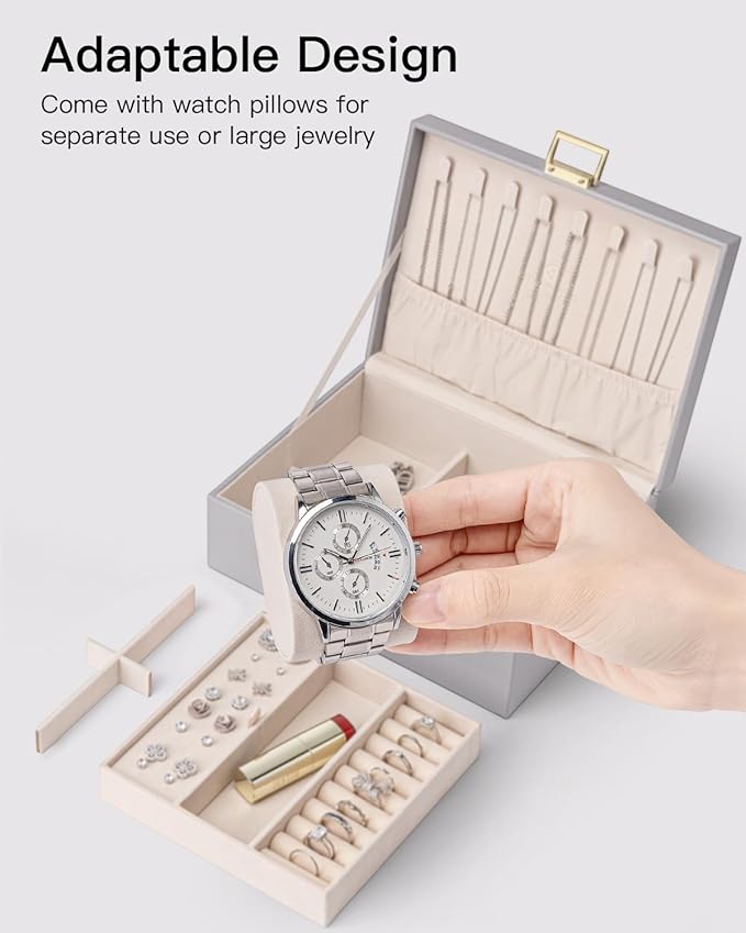 VLANDO 2 Layer Jewelry Box Large Jewelry Organizer for Women Removable Jewelery Tray with Watch Pillow for Necklace Earrings 