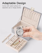 VLANDO 2 Layer Jewelry Box Large Jewelry Organizer for Women Removable Jewelery Tray with Watch Pillow for Necklace Earrings 