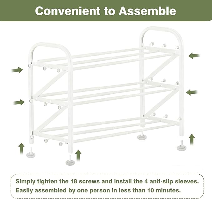 3-Tier Shoe Rack for Closet, 16"-32" Expandable ShoeRackAdjustable for Entryway Closet Doorway SturdyMetal, White