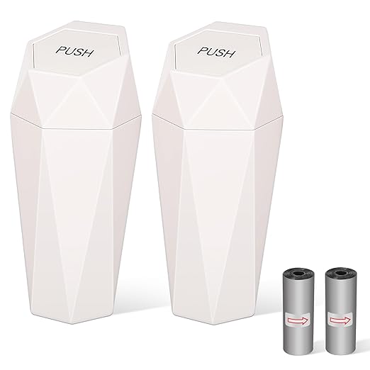 Car Trash Can with Lid, Mini Car Trash Cup with 30 Additional Trash Bags, Car Accessories for Interior, Leakproof Vehicle Garbage Bin for Car, Home, Office - 2 Packs, Beige
