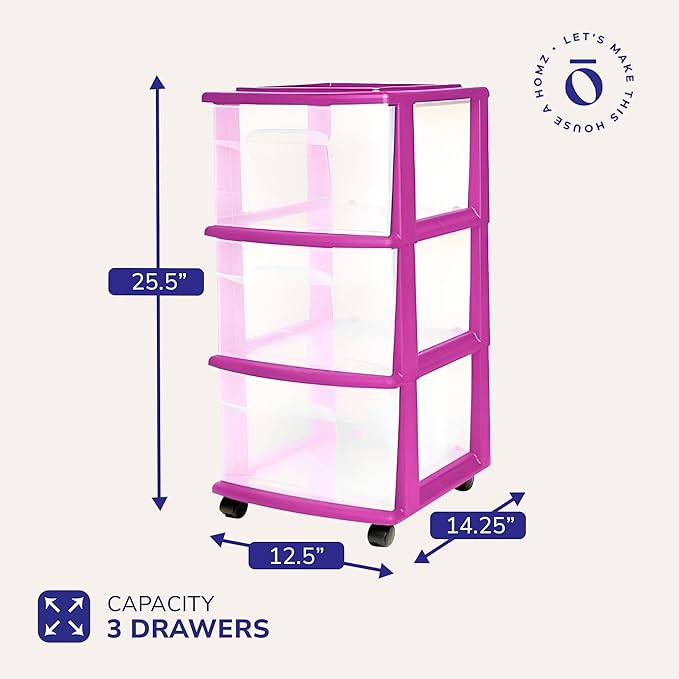 HOMZ Drawer Tower, 3-Tier Clear Plastic Storage Organizer Cart, Purple Frame - Rolling Drawer Containers with Wheels for Bath