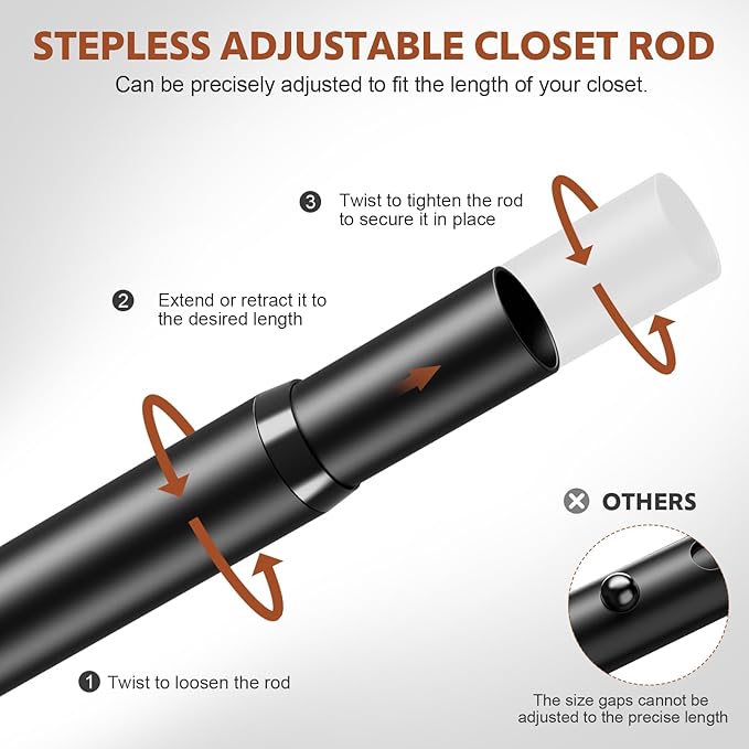 Closet Rods for Hanging Clothes, 17-84 Inch Stepless Adjustable Closet Rod, 1.3 Inch Heavy Duty Metal Clothes Hanging Rod, Ex