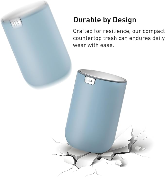 EKO Fandy 0.4 Gal/1.5L Mini Tabletop Trash Bin with Swing-Lid, Desktop Trash Can for Bathroom Countertop, Vanity, Coffee or Office, Small Garbage Bin (Blue)