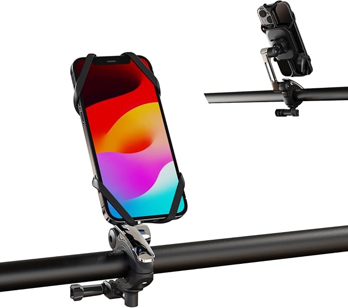 Rcool Universal Bike Phone Mount Holder,with Buckle Mount Base, 360°Rotation Four Corner Fixation for Bicycles Scooter eBike Dirt Road Cruiser Jogging Stroller Torch Light Dash Cam，Silver