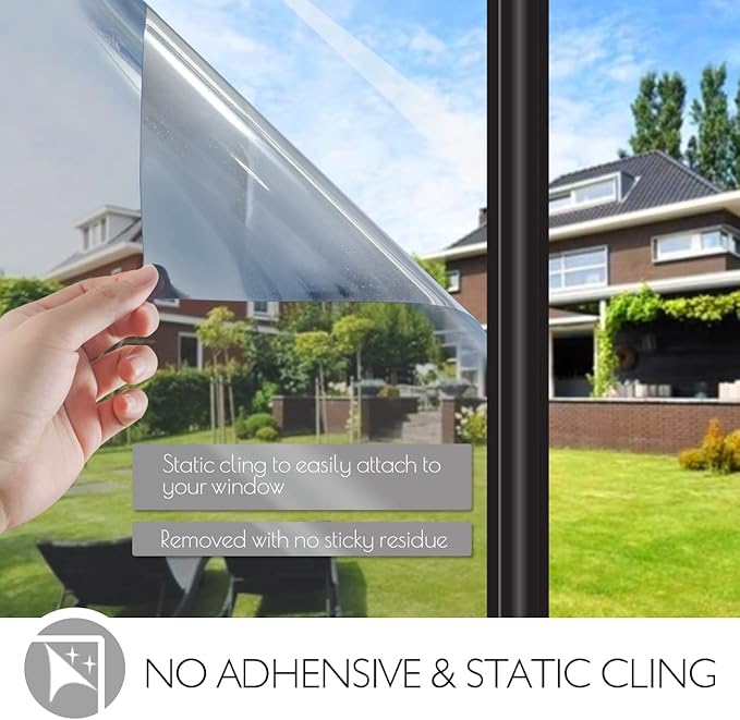 HIDBEA Window Film Daytime Privacy, Heat Control UV Blocking Reflective One Way Mirror Window Tint for Home, Non-Adhesive Self Static Cling Window Stickers (Silver, 35.4 Inch × 6.5 Feet)
