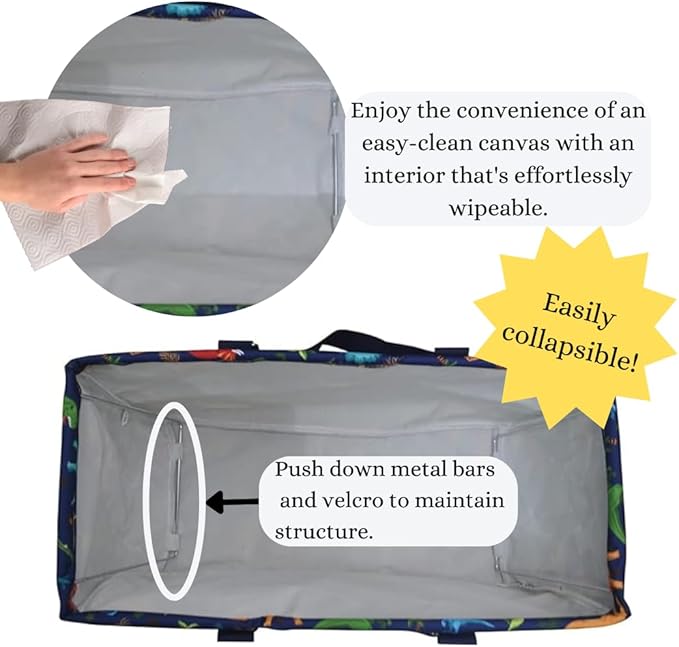 NGIL Extra Large Utility Tote Reusable Grocery Bag Oversized Collapsible for Groceries, Storage, Picnic, Beach (Dino World-Navy)