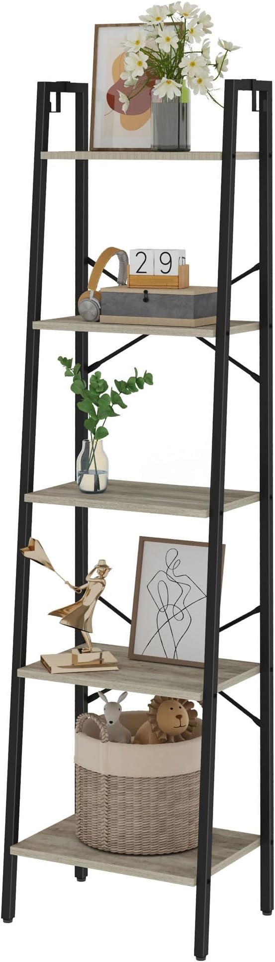 Hzuaneri Ladder Shelf, Bookshelf Bookcase, Freestanding Corner Storage Shelve with 2 Hooks for Home Office, Living Room, Kitc