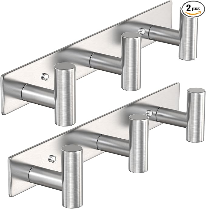 VAEHOLD Silvery Hat and Coat Wall Mount Rack - 3 Hooks for Robes, Bags, Keys, and Towels - Bathroom Towel Hanger Organizer (2
