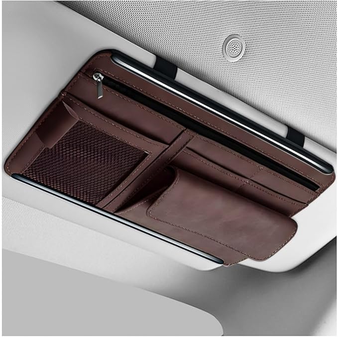 Car Sun Visor Organizer, Leather Sun Visor Pocket Organizer Case with Multi-Pocket Net Zipper, Suede Note Holder Car Visor Storage Pouch for Card Pen Sunglasses Document (Brown)