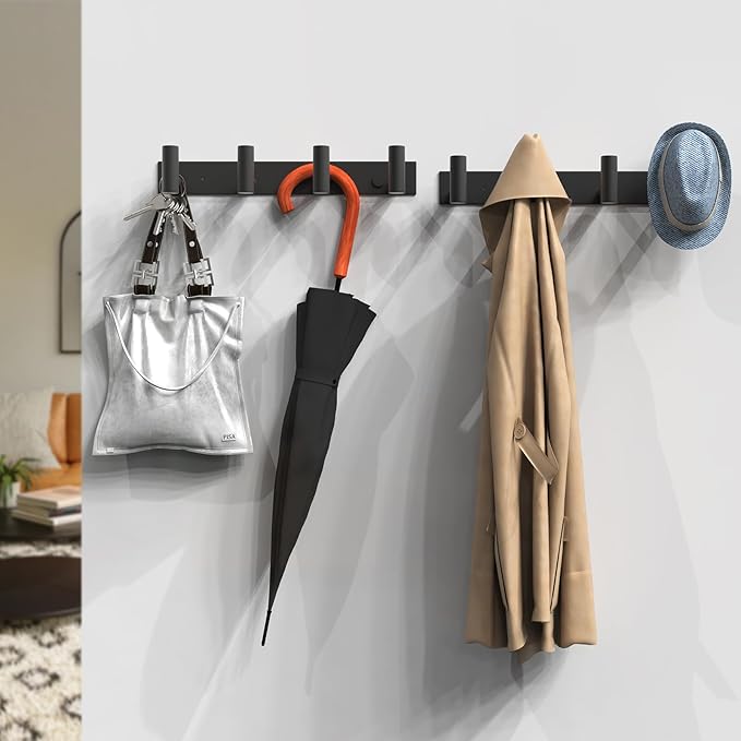 VAEHOLD 2PACK Hat and Coat Wall Mount Rack - 4 Hooks for Robes, Bags, Keys, and Towels - Bathroom Towel Hanger Organizer -Bla