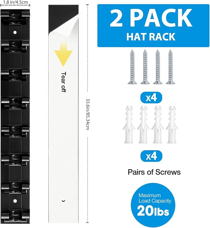 2 Pack Hat Organizer for Baseball Caps, Hat Rack for Wall Hold Up to 16 Hats, Hat Holder with Strong Adhesive and Screws, Hat