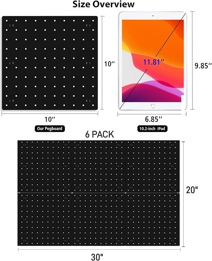 Peg Board Wall Organizer Panels - 6Pcs Black ABS Pegboard Wall Mount for Home, Craft Room, Garage, Kitchen, Workshop, Tool Or