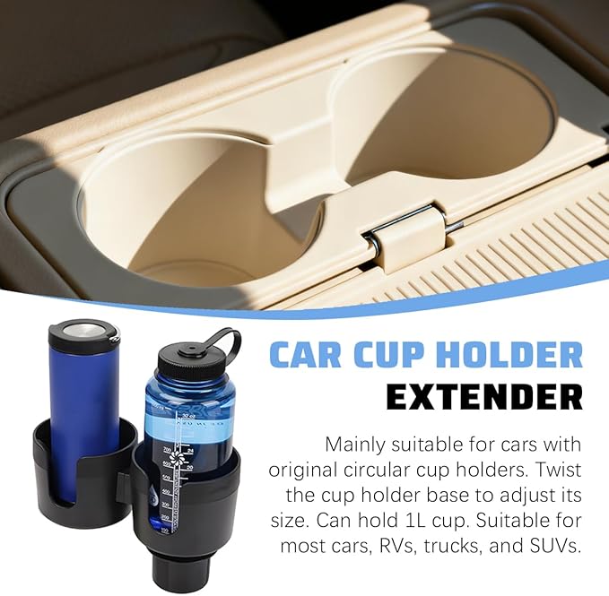 Car Double Cup Holder Expander, 2 in 1 Multifunctional Vehicle Cup Holder Adapter with Adjustable Base, Auto Drink Bottles Ex