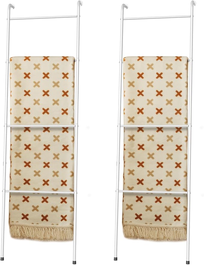 ABQ 4-Tier White Metal Blanket Ladder, Wall Leaning Towel Rack, Decorative Space Saving Shelf for Living Room, Bedroom, Bathr