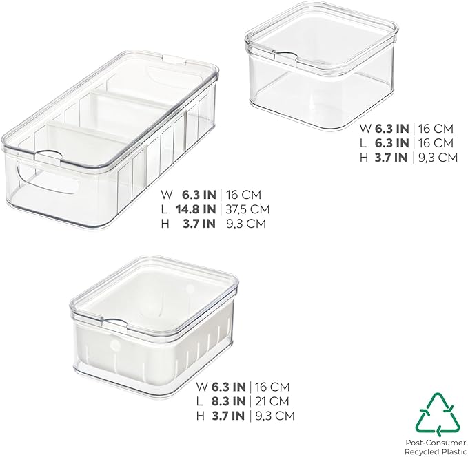 iDesign Crisp 3-Piece Recycled Plastic Refrigerator Organizer Bin Set with Lids, Clear/White