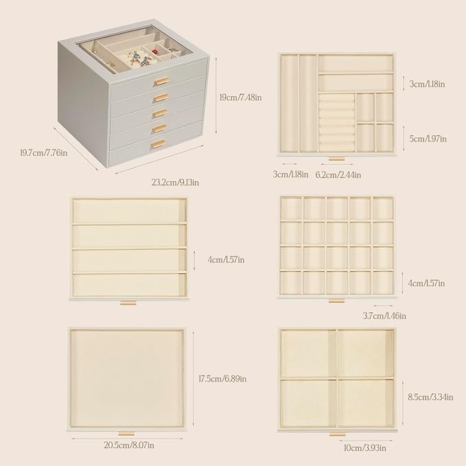 Jewelry Box with Glass Lid, 5-Layer Jewelry Organizer for Women Girls, PU Leather Display Case with 20-Grid Earring Tray & Mo