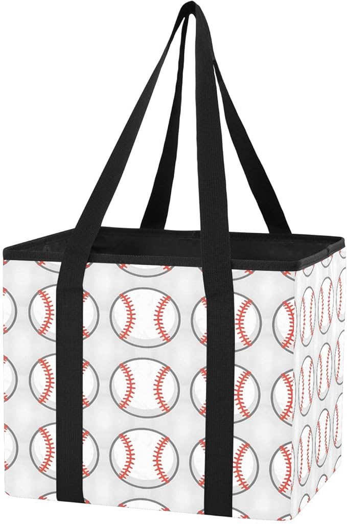Baseball Reusable Grocery Bags Large Shopping Tote Bag with Reinforced Bottom Board, Water Resistant Foldable Storage Bags fo