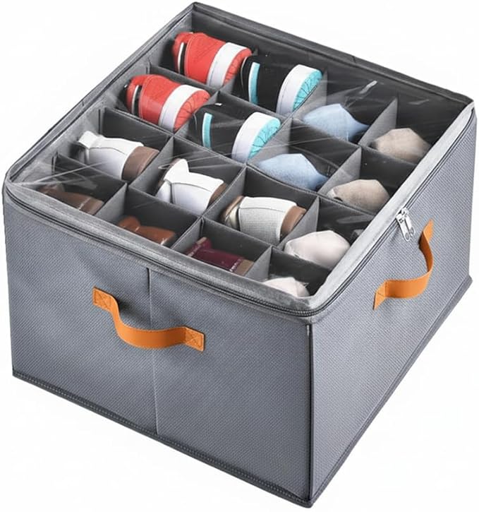 Foldable Shoe Organizer Box for Closet & Under-Bed, Adjustable Dividers, Holds up to 16 Pairs, Stackable, Gray with Clear Cov