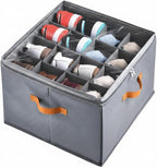 Foldable Shoe Organizer Box for Closet & Under-Bed, Adjustable Dividers, Holds up to 16 Pairs, Stackable, Gray with Clear Cov