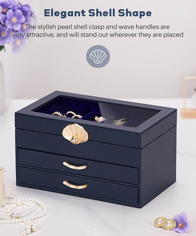 Enthralite Jewelry Box with 2 Drawers: Display Organizer for Earrings Necklaces - Gifts for Girls Women (Dark Blue)