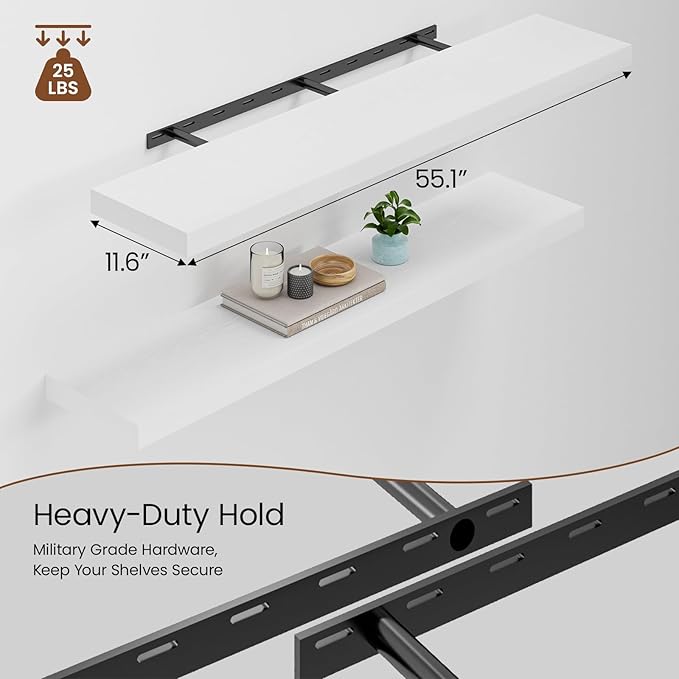 Heimlove 12 Inch Deep Floating Shelves, 55 x 12 inch Extra Long Floating Shelves for Wall Set of 2, Storage Shelf for Living 