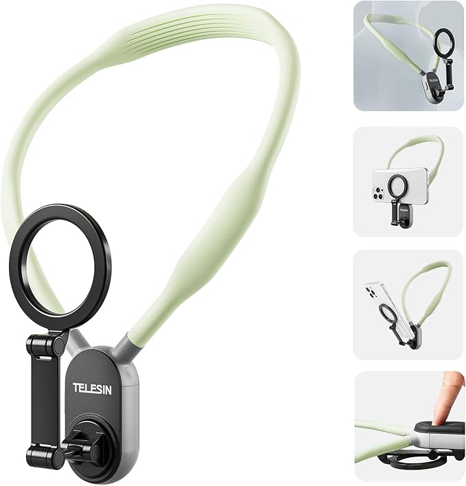 TELESIN Magnetic Neck Mount for Phones, Cell Phone Holder Stand Hanging on Neck POV/Vlog Selfie Hand Free Necklace Phone Strap Video Recording for iPhone 16 15 14 13 12 Seires Android Phones (Green)