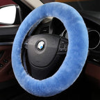 Fuzzy Fluffy Soft Wool Sheepskin Fur Blue car Steering Wheel Cover for Adults Girls Women Men Protector Universal 14 1/2-15 1