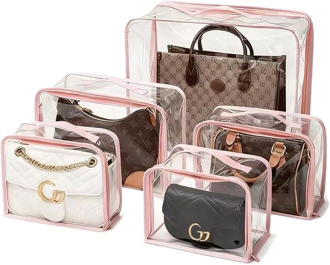 5 Pack Clear Dust Bags For Handbags,5-Sizes Purse Storage Organizers,Purse Protector Storage Bag with Zipper and Handle for c
