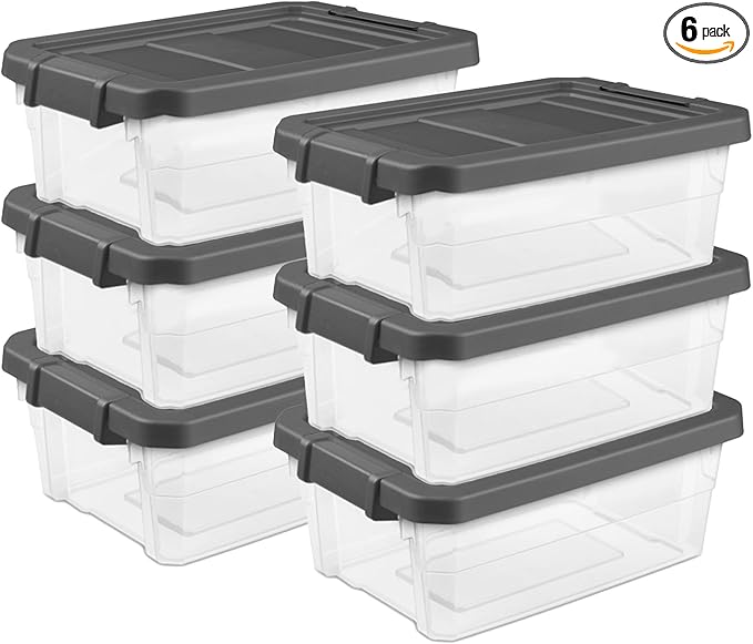 Sterilite 6-Pack Modular Stacker Box, Durable Clear Plastic Storage Bins with Latching Lids, 16 Quart - Stackable Organizing 