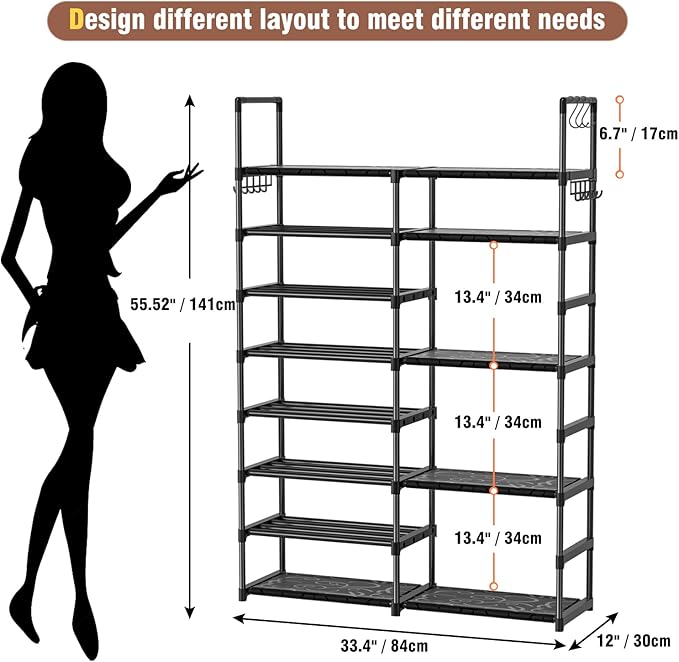 OYREL Shoe Rack Organizer 8 Tiers, Tall Shoe Racks Shelf Storage, 26-32 Pairs Vertical Large Rack,Stackable Shoes Racks for E