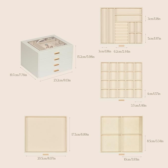 Jewelry Box with Glass Lid, 4-Layer Jewelry Organizer for Women Girls, PU Leather Display Case with 20-Grid Earring Tray & Mo