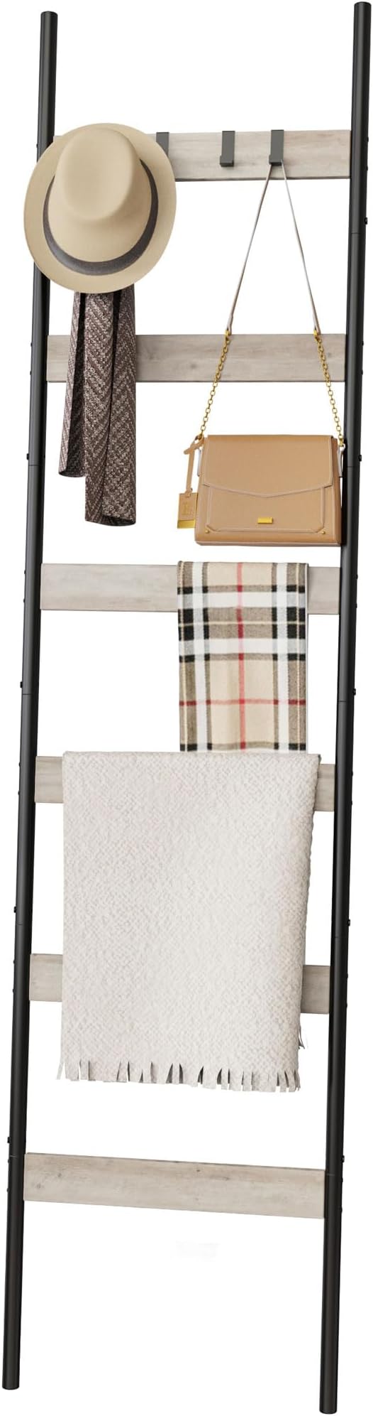 Blanket Ladder, 6-Tier Towel Holder with 4 Removable Hooks, Farmhouse Wall Leaning Decorative Rack Shelf, Wooden Towel Displa