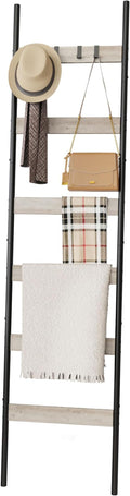 Blanket Ladder, 6-Tier Towel Holder with 4 Removable Hooks, Farmhouse Wall Leaning Decorative Rack Shelf, Wooden Towel Displa