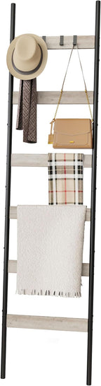 Blanket Ladder, 6-Tier Towel Holder with 4 Removable Hooks, Farmhouse Wall Leaning Decorative Rack Shelf, Wooden Towel Displa