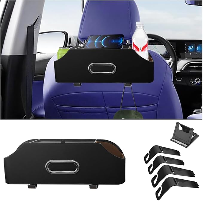 AUCELI Car Seat Back Organizer with Cup Holder and Tissue Box, Headrest Hanging Storage Box with Hooks and Phone Holder, Multi-Function Travel Tray for Kids, Road Trip Car Accessories
