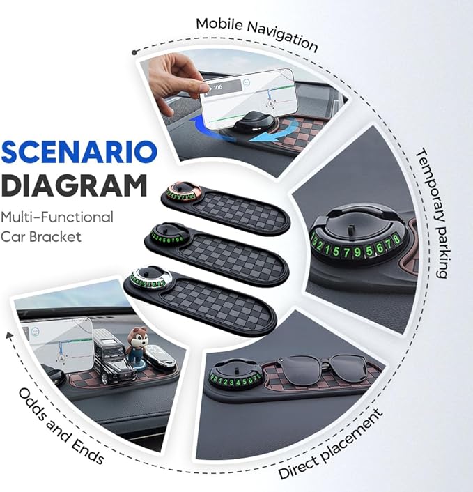 Multifunction Car Anti-Slip Mat, Non-Slip Dashboard Storage Pad with 360° Rotatable Phone Holder & Temporary Parking Number, 