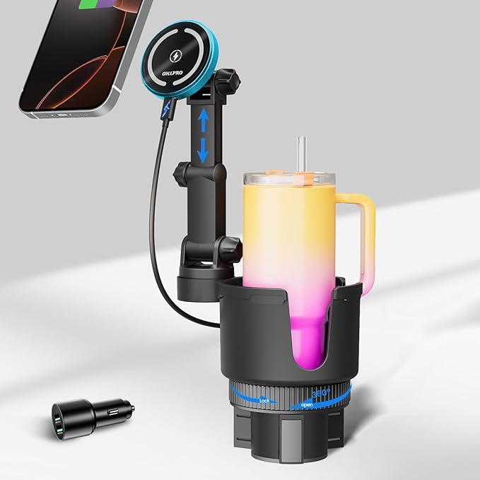 OHLPRO for MagSafe Car Charger Cup Holder Mount, 15W Fast Wireless Magnetic Charging Phone Holder for iPhone 17 16 15 14 13 S