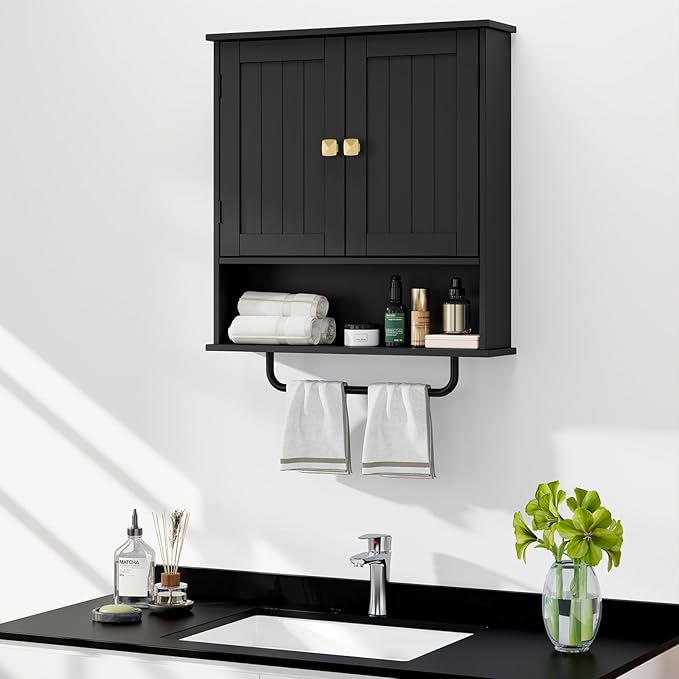 RRX Bathroom Cabinet Wall Mounted Medicine Cabinets with Towels Bar, Over The Toilet Storage Cabinet with 2 Doors and Adjusta