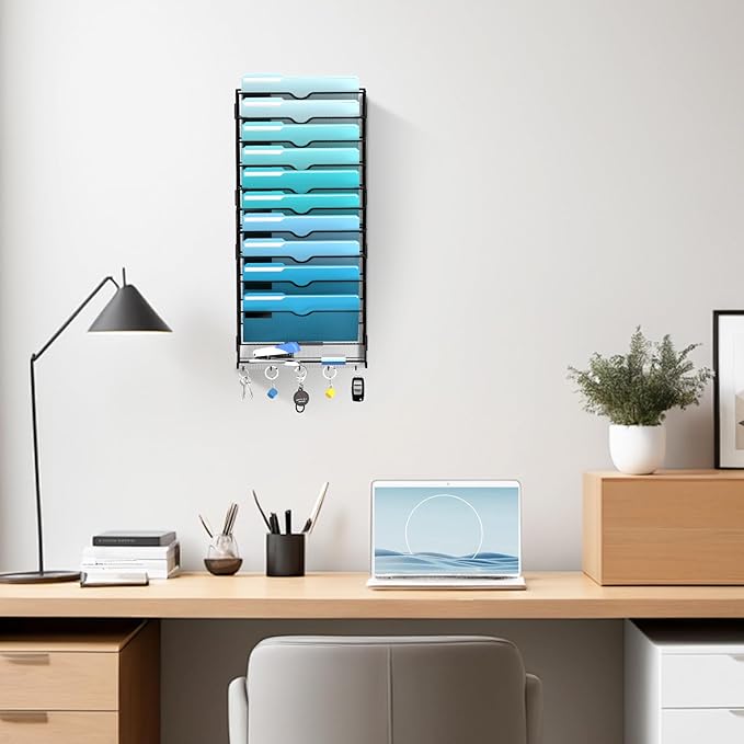 11 Tier Wall File Organizer - Hanging File Organizer with 5 Hooks, Mail Holder Wall Mounted for Papers, Folders, Magazines, B