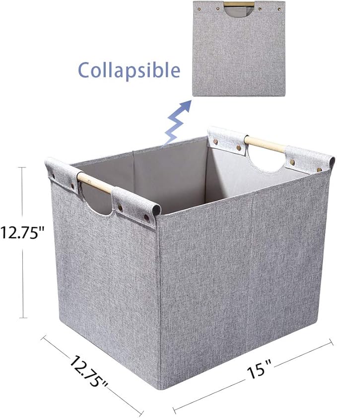 HOONEX Large Foldable Storage Bins, Linen Fabric, 2 Pack, with Wooden Carry Handles and Sturdy Heavy Cardboard, for Home, Off