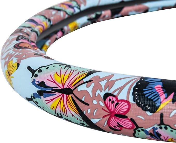 CAR-GRAND Pretty Colorful Butterfly Steering Wheel Cover, Universal 14.5-15 Inch Anti-Slip Leather Car Wheel Protector for Wo