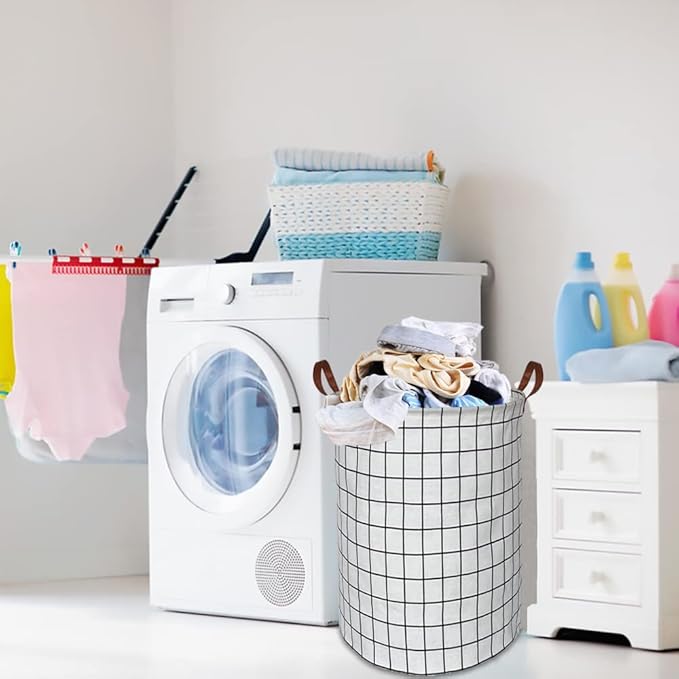 CLOCOR Collapsible Round Laundry Hamper/Large Storage Basket/Toys Bin/Boys and Girls Hamper/Room Decor (White check)