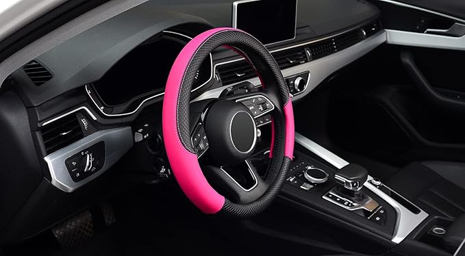 LABBYWAY Steering Wheel Cover, Universal Fit 15 Inch Microfiber Leather Car Wheel Protector, Anti-Slip, Pink