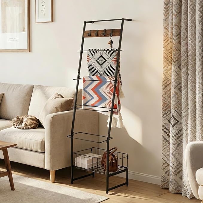 Metal Blanket Rack with Wire Mesh, 4 Cubbies & Single Bar - Ideal for Home Organization