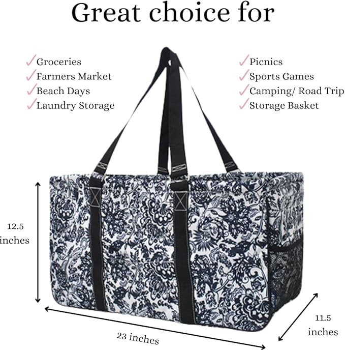 NGIL Extra Large Utility Tote Reusable Grocery Bag Oversized Collapsible for Groceries, Storage, Picnic, Beach (Royal Damask-Black)