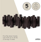 Umbra Sticks Wall-Mounted Coat Rack Rail Hook with 5 Retractable Pegs – Modern, Space-Saving Storage Organizer, Espresso