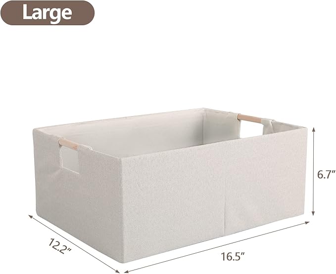 Fabric Storage Bin Box Foldable Cotton Linen Storage Basket with Wooden Handles Rectangular Cube Decorative Home Laundry Orga