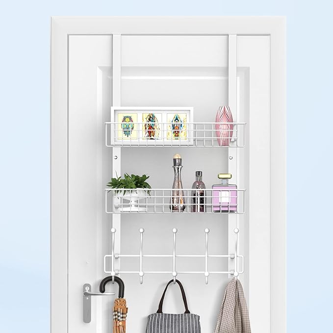 Coat Rack, Over The Door Hanger with Mesh Basket, Detachable Storage Shelf for Towels, Hats, Handbags, Coats (White-2 Baskets