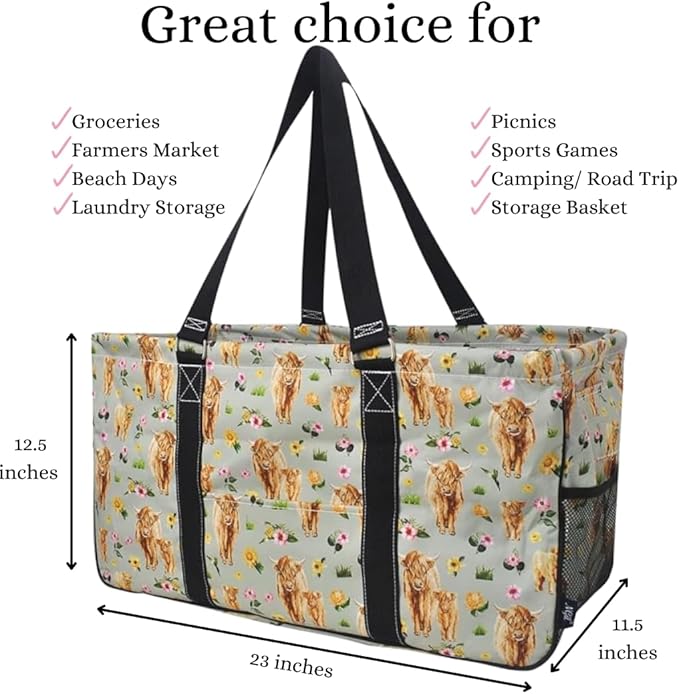 NGIL Extra Large Utility Tote Reusable Grocery Bag Oversized Collapsible for Groceries, Storage, Picnic, Beach (Floral Cow-Black)