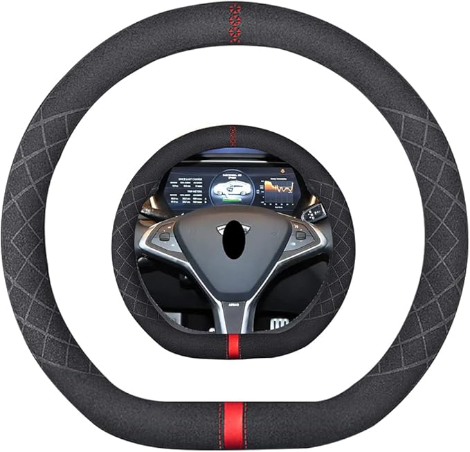Suede D Shape Steering Wheel Cover,Compatible with Tesla Model S Model Y Model X Suede Leather Sport Non-Slip Wheel Cover Car Interior Accessories 15 inch for Man and Women